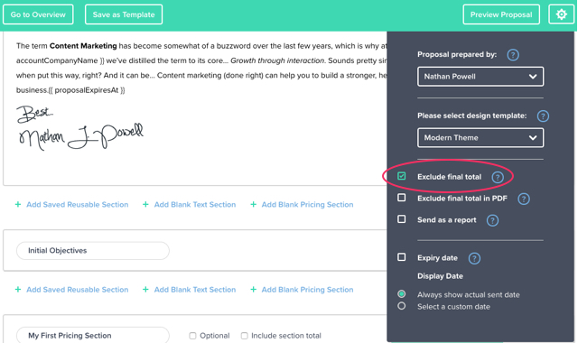 Checkbox Exclude Proposal Total