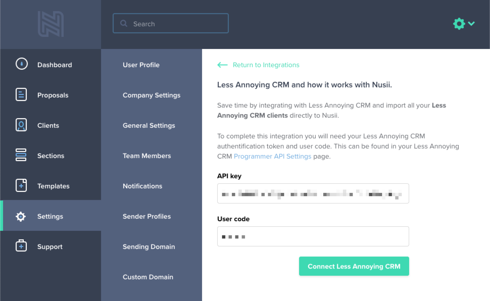 Connect Less Annoying CRM to Nusii