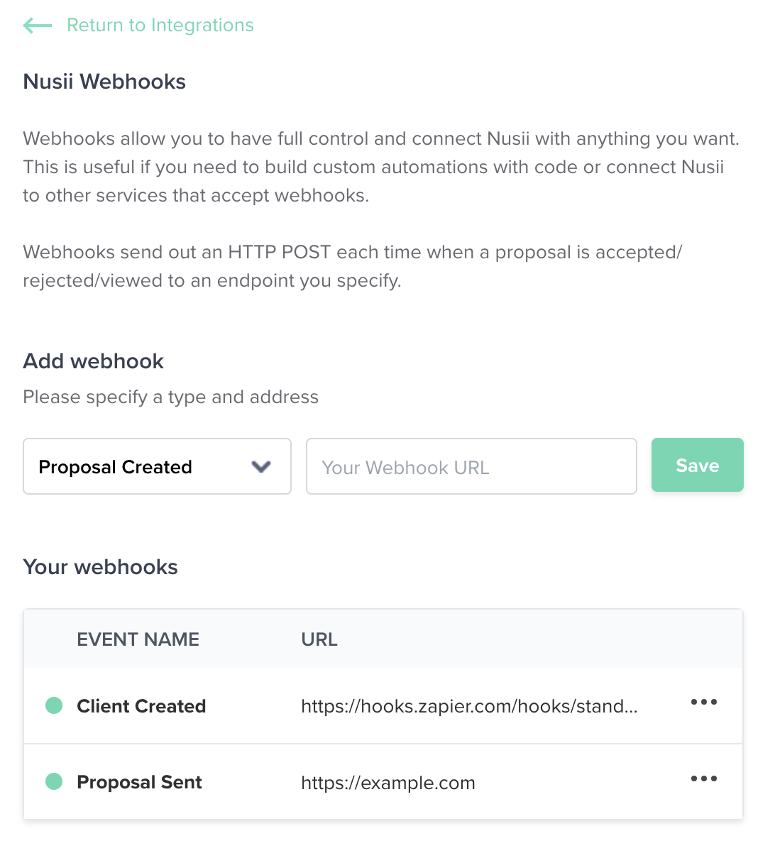 The list of active webhooks on your account