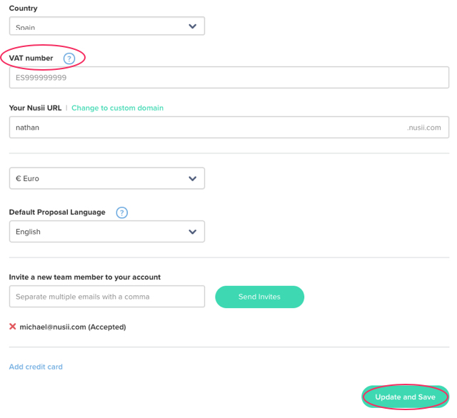 Settings VAT number